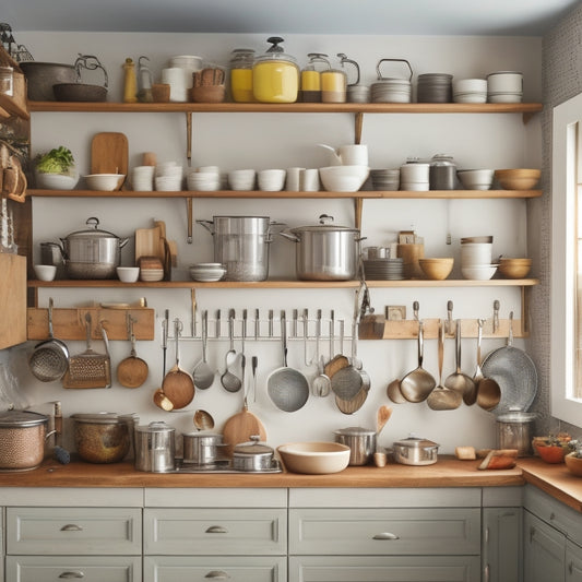 A cluttered kitchen with pots and pans overflowing from the countertops, utensils scattered on the floor, and a few open cabinets revealing messy shelves, contrasted with a neat, organized section featuring tiered shelves, hanging pots, and a pegboard.