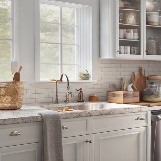 A clutter-free kitchen counter with a few strategically placed adhesive storage solutions: a small spice strip near the stove, a utensil holder beside the sink, and a compact shelf above the countertops.