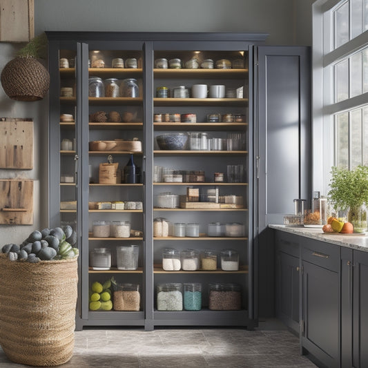 A sleek, modern freestanding pantry unit with a sturdy metal frame, filled with neatly organized jars, canned goods, and fresh produce, set against a warm, inviting kitchen backdrop with wooden shelves and soft lighting.