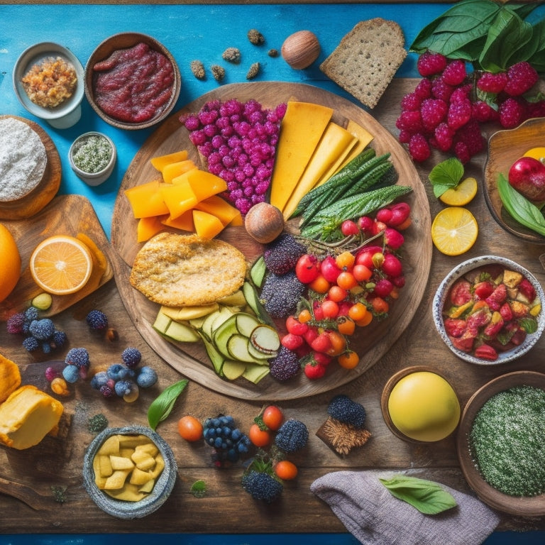 A colorful, overhead arrangement of diverse cold food items, such as fruits, cheeses, crackers, and dips, artfully arranged on a rustic wooden board or platter, surrounded by garnishes and linens.