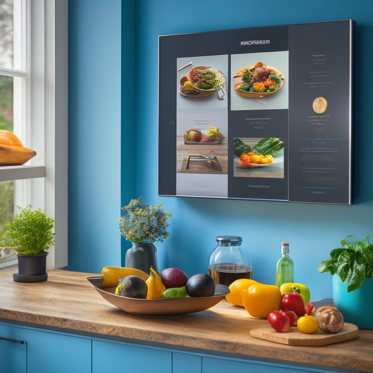 A modern kitchen with a large, sleek tablet mounted on the wall, displaying a colorful, categorized cooking guide, surrounded by utensils, ingredients, and a few open cookbooks.