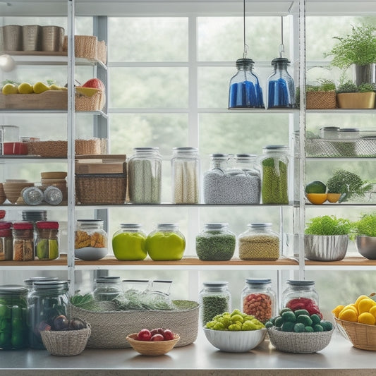 A colorful, organized kitchen with a mix of clear glass jars, woven baskets, and stainless steel containers on open shelves, surrounded by lush greenery and a few ripe fruits and vegetables.