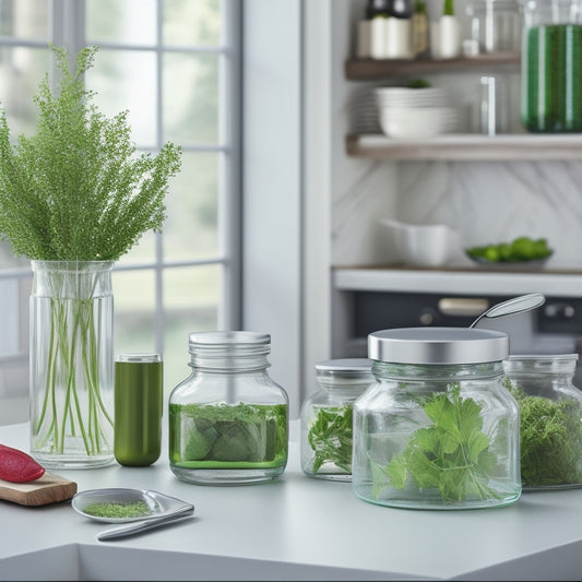 Generate an image of a sleek, transparent glass jar with a silver lid and handle on a clean white countertop, surrounded by neatly arranged kitchen utensils and fresh green herbs.