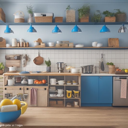 A bright, modern kitchen with a few boxes and a "moving" label on the counter, surrounded by organized utensils, a tidy island, and a few strategically placed arrows indicating efficient workflow.