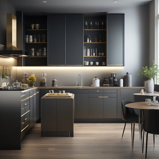 A sleek, modern kitchen with Noblessa's modular storage system: matte black cabinets, polished chrome accents, and soft-close drawers, surrounded by warm, golden lighting and a few artfully arranged cooking utensils.