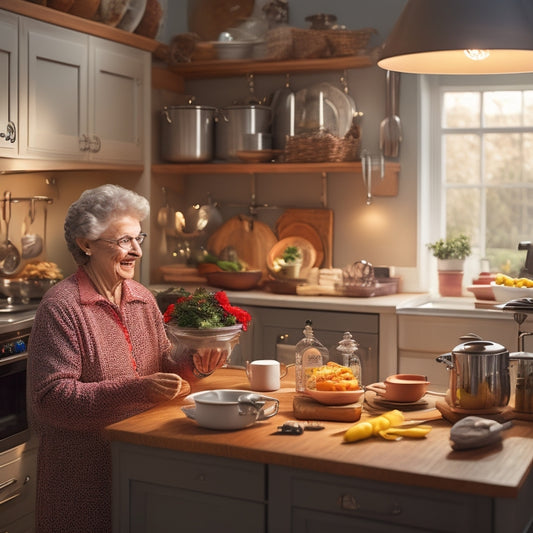 A warm, well-lit kitchen with a senior citizen, around 70, standing at a counter, easily accessing a roll-out cabinet shelf with a gentle smile, surrounded by minimal clutter and organized cookware.