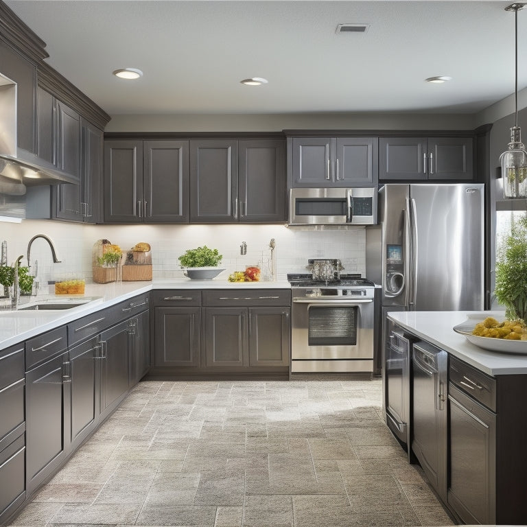 An L-shaped kitchen with sleek white countertops, dark wood cabinets, and stainless steel appliances, cluttered with utensils and cookware, with a messy corner where the countertops meet.