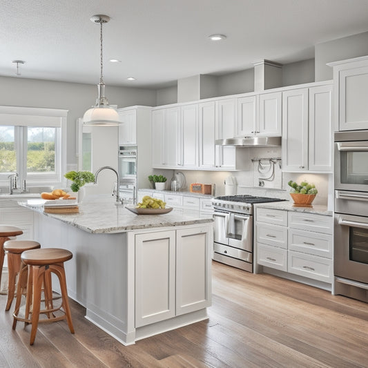 A bright, modern kitchen with a U-shaped layout, featuring sleek white cabinets, stainless steel appliances, and a large island with a built-in cooktop, surrounded by warm hardwood flooring.