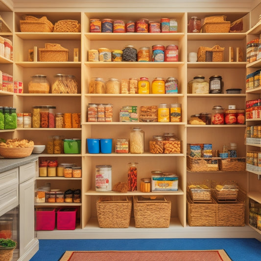 A well-organized pantry with wooden shelves, filled with an assortment of non-perishable food items, including canned goods, jars of sauces, and baskets of whole grains, against a warm beige background.