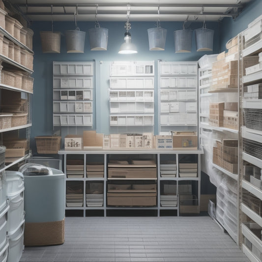 A serene, well-lit storage room with labeled bins, stacked shelves, and a pegboard with hooks, surrounded by a calm, minimalist background, conveying a sense of organized bliss.