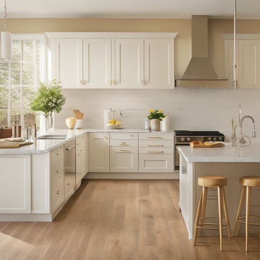 A serene, modern kitchen with cream-colored cabinets, polished chrome hardware, and a stunning quartz island, set against a backdrop of soft, creamy walls and warm, honey-toned hardwood floors.