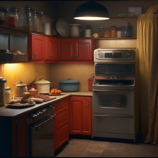 A dimly lit kitchen with a partially open cabinet door, revealing a cluttered interior with expired food, dusty containers, and forgotten appliances, with a few curious eyes peeking out from the shadows.