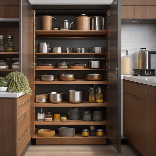 A sleek, modern kitchen featuring a space-saving pull-out rack inside a stylish cabinet, displaying neatly organized spices, utensils, and pots. Soft lighting highlights the wood grain and metallic accents, emphasizing functionality and elegance.