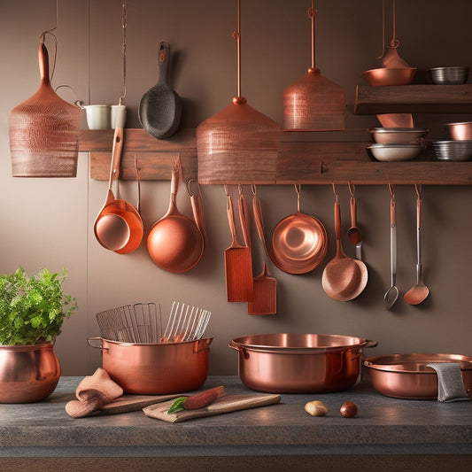 A rustic kitchen scene featuring a stylish hanging pot rack adorned with gleaming copper pots, surrounded by neatly organized utensil hooks displaying wooden spoons, whisks, and spatulas, all under warm, inviting lighting.