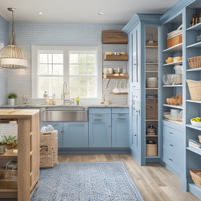 A bright, modern kitchen with custom storage solutions: a floor-to-ceiling cabinet with pull-out pantry, a kitchen island with built-in drawers, and a pegboard with hanging utensils and baskets.