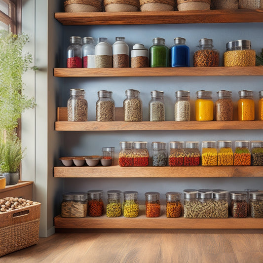 A cozy kitchen scene featuring various easy-to-install spice racks: a wall-mounted wooden rack with jars, a magnetic strip holding colorful spice containers, and a tiered countertop organizer, all surrounded by fresh herbs and vibrant spices.
