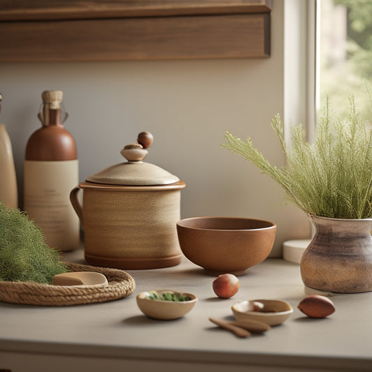 A warm, sunlit kitchen countertop with a trio of neatly arranged, handmade ceramic canisters in earthy tones, adorned with natural twine and tiny wooden spoons, surrounded by scattered fresh herbs.
