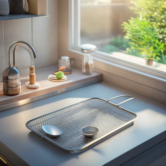 A compact, modern dish drainer on a sleek countertop, surrounded by minimalistic kitchen utensils, with sunlight streaming through a window, emphasizing space-saving design in a cozy, organized kitchen setting.