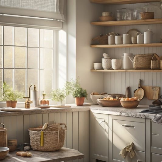 A tidy kitchen with open cabinets revealing organized shelves, baskets, and utensils, alongside a few strategically placed decorative items, with warm, natural light pouring in through a nearby window.