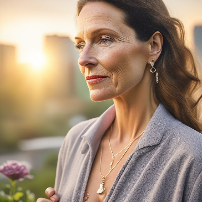 A serene, confident woman in her 40s stands in front of a blurred cityscape at sunrise, holding a small, delicate scale with a tiny broken chain, surrounded by lush greenery and blooming flowers.