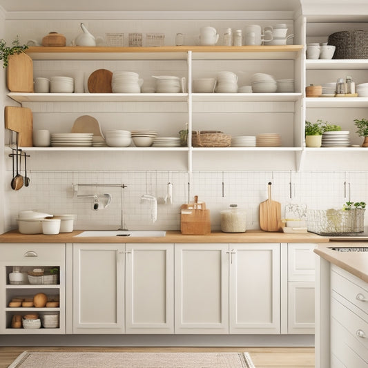 A clutter-free kitchen with sleek, white cabinets, featuring pull-out drawers, adjustable shelves, and a pegboard with hanging utensils, against a warm, beige background with soft, natural lighting.