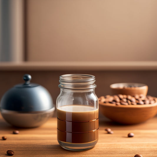 A minimalist composition featuring a clear glass coffee jar with a modern, sleek design, surrounded by a few scattered coffee beans on a light-wooden background, with a subtle gradient effect.