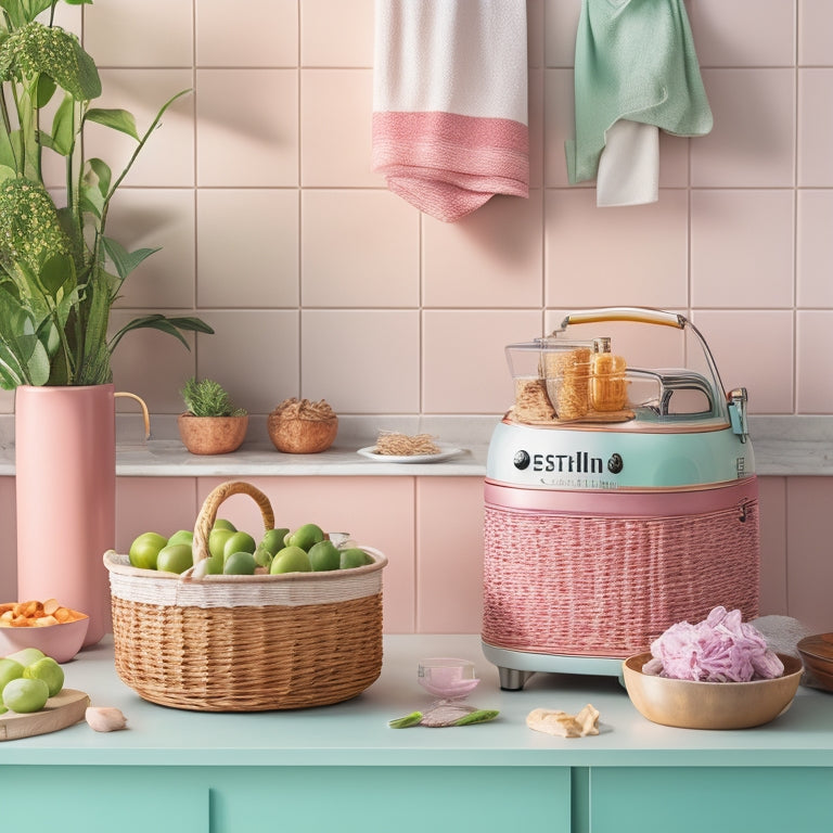 A tidy kitchen countertop with a retro-style toaster, blender, and stand mixer in pastel hues, surrounded by woven baskets, ceramic jars, and a few strategically placed greenery, amidst a warm, natural light.