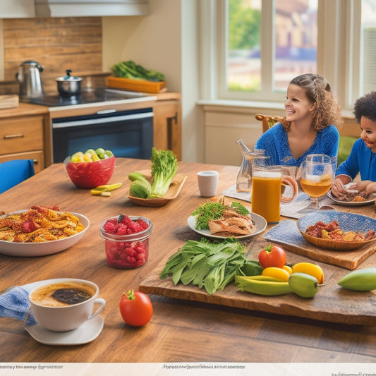 A vibrant kitchen scene: a meal planning calendar on a wooden countertop, surrounded by fresh produce, a laptop, and a cup of steaming coffee, with a subtle background of a family enjoying a meal together.