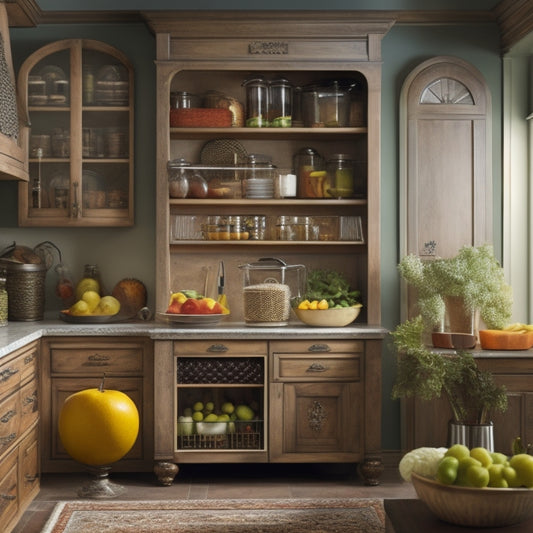 A warm and inviting kitchen scene featuring a stylish pantry cabinet with ornate hardware, surrounded by various kitchen utensils, cookbooks, and a few fresh fruits and vegetables on a nearby countertop.