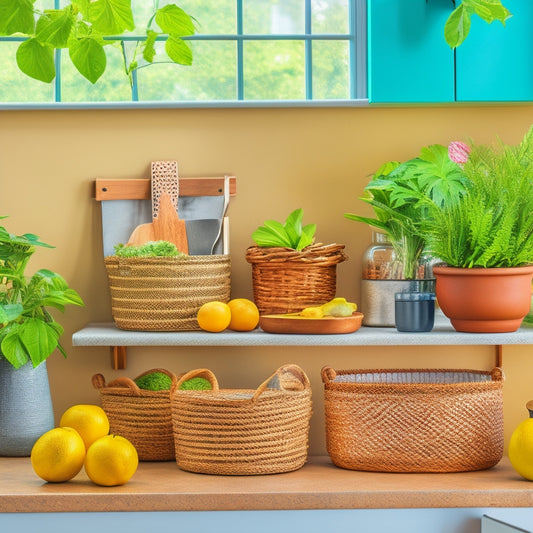 A vibrant kitchen scene showcasing stylish DIY countertop organizers: a tiered wood spice rack, a woven basket for fruits, and a sleek metal utensil holder, all set against a bright, sunlit countertop with potted herbs.