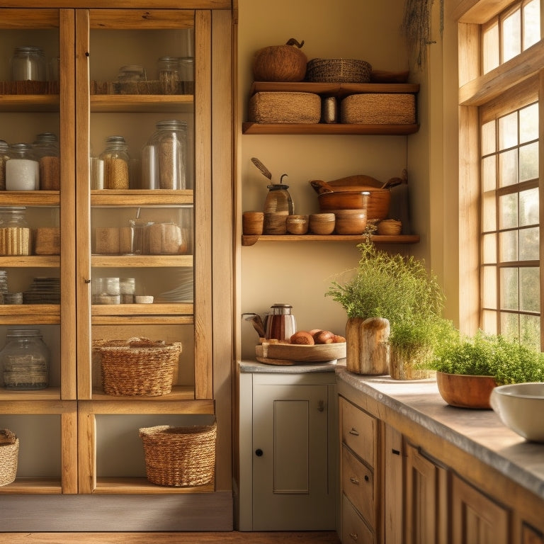 A rustic farmhouse kitchen featuring a freestanding pantry unit, adorned with weathered wood, open shelving displaying jars and herbs, vintage ceramic dishes, and warm natural light streaming through a window, creating a cozy atmosphere.