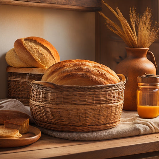 A warm, golden-lit kitchen scene featuring a distressed wooden bread bin with a rounded lid, adorned with a woven rattan handle, sitting on a worn wooden countertop amidst scattered artisanal bread crusts.