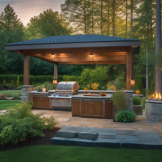 A serene outdoor space with a sleek, stone-countertopped island, surrounded by lush greenery, featuring a built-in grill, wine fridge, and pendant lighting, under a pergola with a fire pit in the distance.
