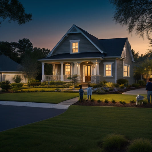 A serene suburban home at dusk with a warm glow, surrounded by a lush green lawn, with a father and mother standing guard at the entrance, shielding their two children from an ominous, darkened background.