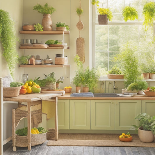 A bright, sunlit kitchen featuring a natural wood tiered rack filled with potted herbs, colorful fruits, and eco-friendly kitchenware, surrounded by green plants and soft, organic textiles, creating a harmonious, sustainable ambiance.