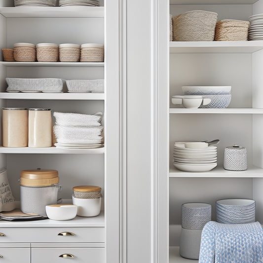 A serene kitchen cabinet interior with tidy stacks of matching white plates, a vertical utensil organizer, and a pull-out drawer filled with neatly rolled kitchen towels and a few strategically placed ceramic containers.
