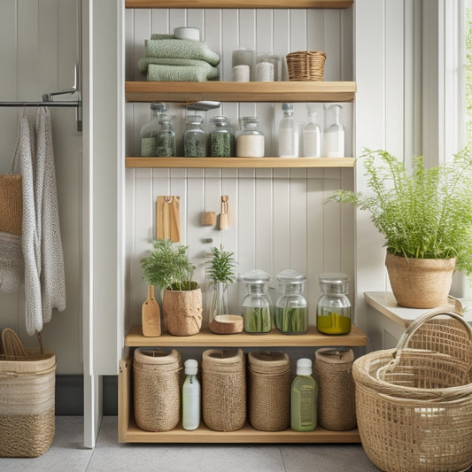 A serene under-sink area featuring bamboo organizers, glass jars with natural labels, potted herbs, and biodegradable cleaning supplies, illuminated by soft, warm light, creating a harmonious and eco-friendly storage solution.