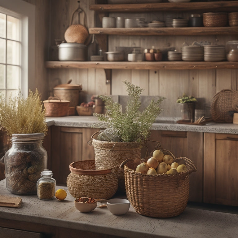 A cozy rustic kitchen featuring a reclaimed wood countertop adorned with vintage jars, woven baskets, and a potted herb arrangement, surrounded by warm lighting and earthy tones, emphasizing functional storage solutions.