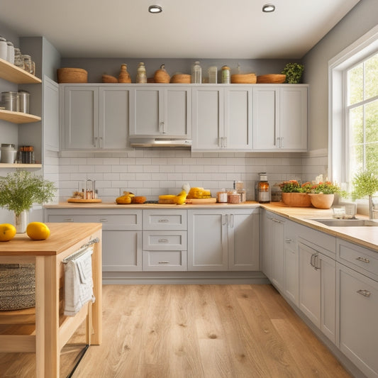 A bright, modern kitchen with sleek, handle-less cabinets in a light gray finish, featuring pull-out shelves, lazy susans, and a built-in spice rack, surrounded by warm, natural wood flooring.