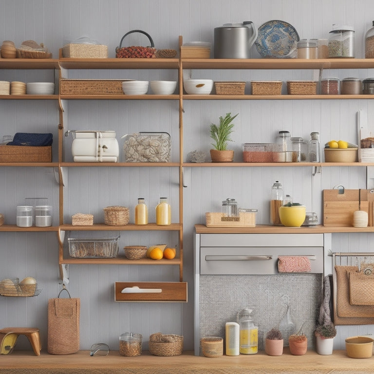 A tidy kitchen with a mix of open and closed shelving units, baskets, and hooks, showcasing clever storage solutions, such as a pegboard, a utensil organizer, and a spice rack on the side of a cabinet.