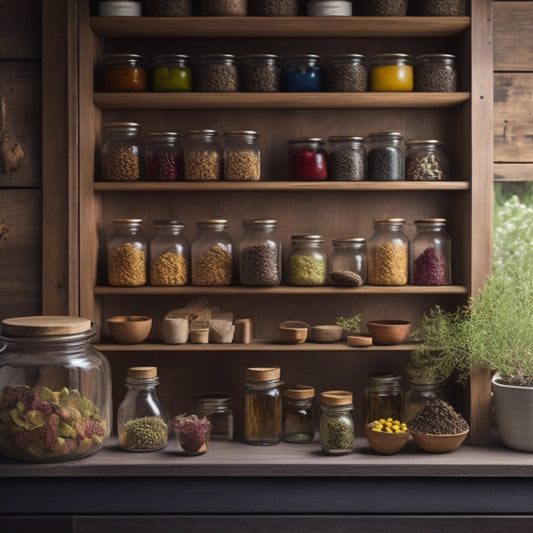 A rustic wooden pantry shelf with jars of various shapes and sizes, adorned with vibrant, hand-painted labels featuring botanical illustrations, abstract patterns, and whimsical designs.