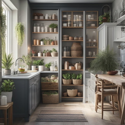 A cozy, modern apartment kitchen featuring a sleek, compact freestanding pantry unit filled with organized jars and baskets, surrounded by plants, warm lighting, and stylish decor elements, emphasizing efficient space utilization.