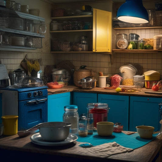 A cluttered, dimly lit small kitchen with open cabinets overflowing with mismatched containers, utensils scattered on countertops, and a trash can overflowing with discarded packaging.
