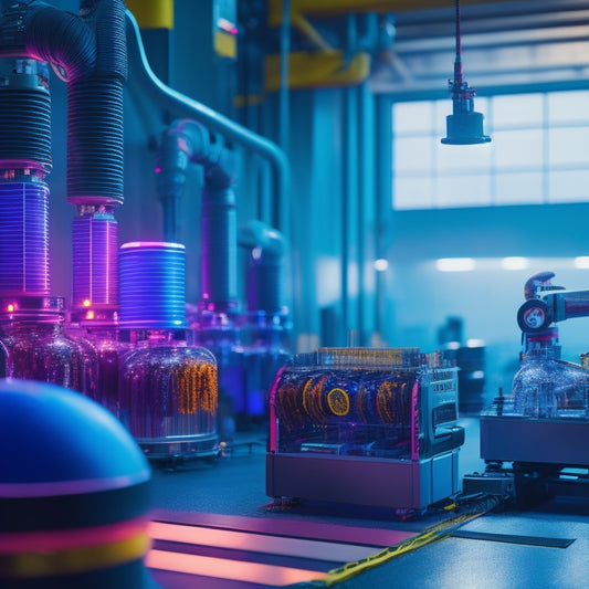 A futuristic factory scene with sleek machinery, shimmering metallic cans, and vibrant colorful inks, showcasing robotic arms, UV printers, and 3D scanners in a clean, well-lit environment.