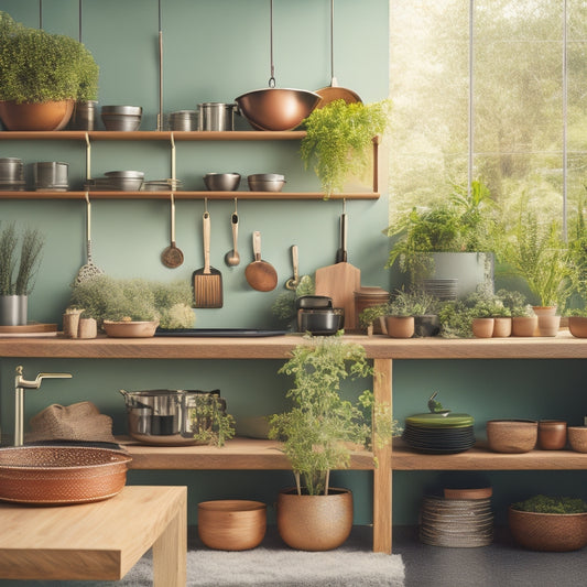 A kitchen scene showcasing sleek, adjustable shelf inserts neatly organizing a variety of pots and pans, with vibrant colors and textures, surrounded by a sunlit, modern kitchen backdrop filled with greenery and warm wood accents.