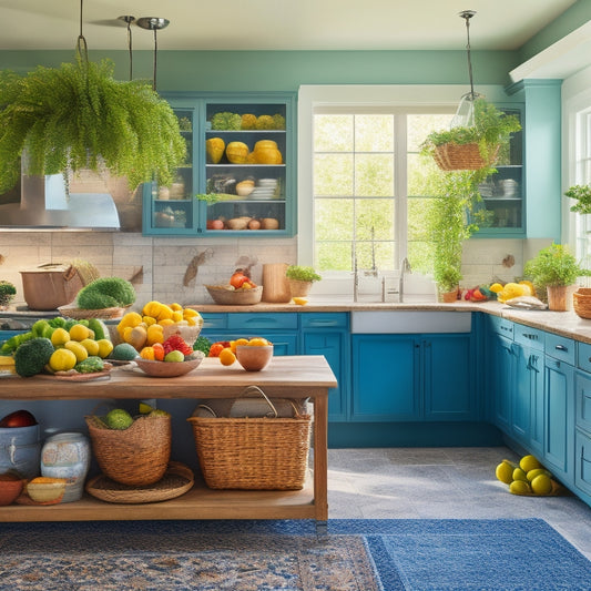 A bright, modern kitchen with a large island, abundant natural light, and a prominent vegetable crisper, featuring a colorful arrangement of fresh fruits and vegetables in wicker baskets.