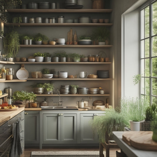 A cozy kitchen featuring sleek, multi-tiered storage racks filled with neatly arranged spices, utensils, and cookware, illuminated by soft ambient lighting, with a window showcasing greenery outside, emphasizing functionality and space-saving design.