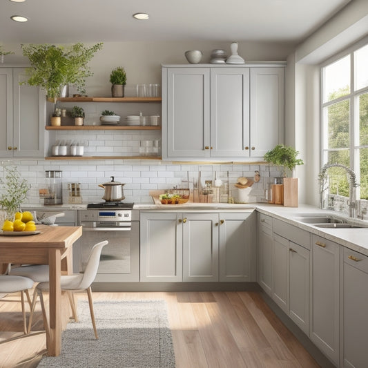 A bright, modern kitchen with sleek, handle-less cabinets in a light gray finish, featuring pull-out shelves, lazy susans, and a built-in spice rack, surrounded by warm, natural wood flooring.
