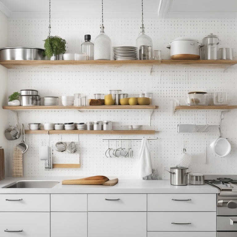 A modern kitchen with sleek, white cabinets, a compact island, and a pegboard on the wall, showcasing a utensil organizer, a hanging pot rack, and a retractable spice carousel.