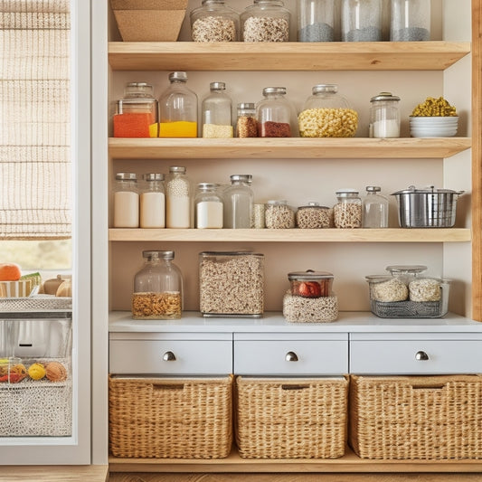 A clutter-free kitchen with open shelving, displaying labeled glass jars of gluten-free flours and grains, alongside a utensil organizer and a stainless steel cart with woven baskets.